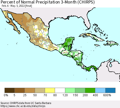 Mexico Central America and the Caribbean Percent of Normal Precipitation 3-Month (CHIRPS) Thematic Map For 2/6/2022 - 5/5/2022