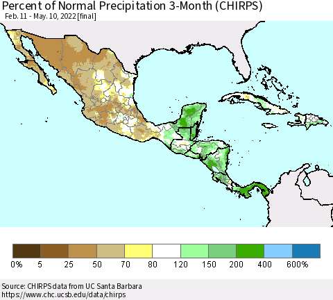 Mexico Central America and the Caribbean Percent of Normal Precipitation 3-Month (CHIRPS) Thematic Map For 2/11/2022 - 5/10/2022