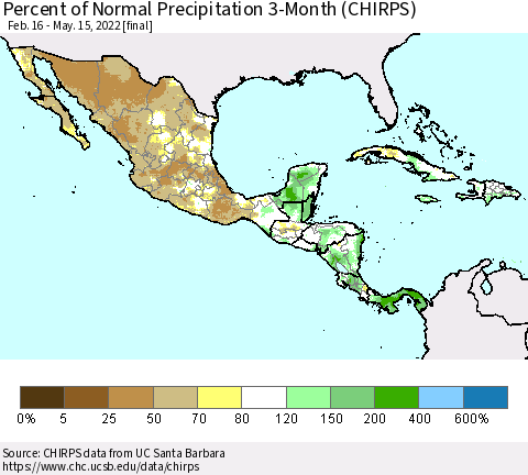 Mexico Central America and the Caribbean Percent of Normal Precipitation 3-Month (CHIRPS) Thematic Map For 2/16/2022 - 5/15/2022