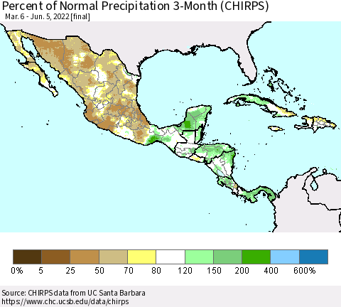 Mexico Central America and the Caribbean Percent of Normal Precipitation 3-Month (CHIRPS) Thematic Map For 3/6/2022 - 6/5/2022