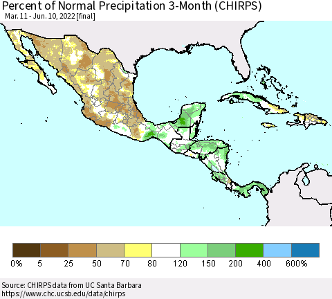 Mexico Central America and the Caribbean Percent of Normal Precipitation 3-Month (CHIRPS) Thematic Map For 3/11/2022 - 6/10/2022