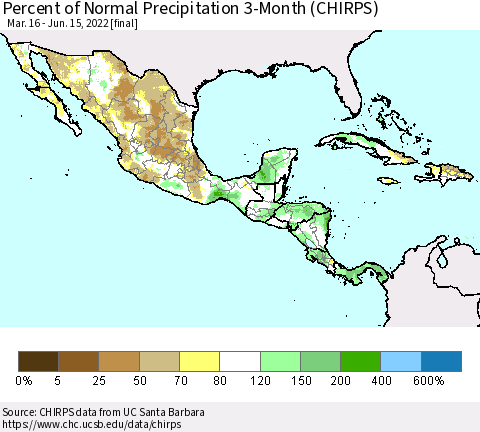 Mexico Central America and the Caribbean Percent of Normal Precipitation 3-Month (CHIRPS) Thematic Map For 3/16/2022 - 6/15/2022