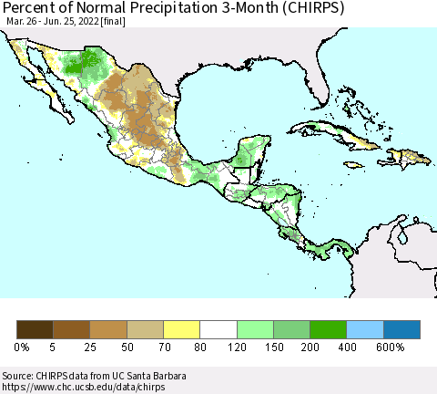 Mexico Central America and the Caribbean Percent of Normal Precipitation 3-Month (CHIRPS) Thematic Map For 3/26/2022 - 6/25/2022