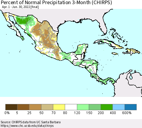 Mexico Central America and the Caribbean Percent of Normal Precipitation 3-Month (CHIRPS) Thematic Map For 4/1/2022 - 6/30/2022