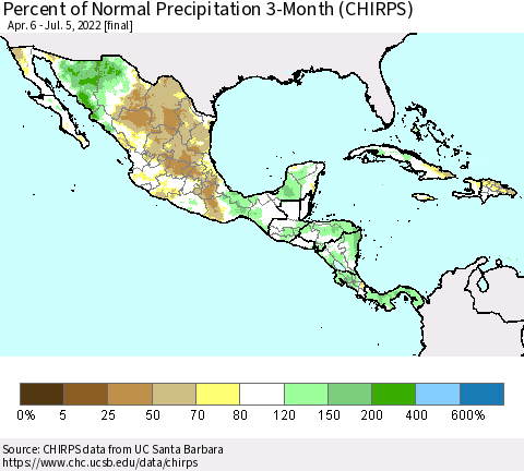 Mexico Central America and the Caribbean Percent of Normal Precipitation 3-Month (CHIRPS) Thematic Map For 4/6/2022 - 7/5/2022