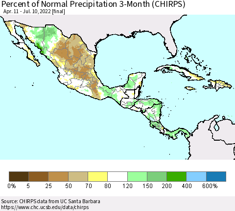Mexico Central America and the Caribbean Percent of Normal Precipitation 3-Month (CHIRPS) Thematic Map For 4/11/2022 - 7/10/2022