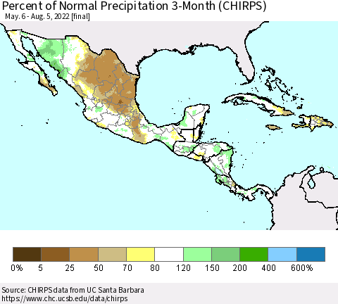 Mexico Central America and the Caribbean Percent of Normal Precipitation 3-Month (CHIRPS) Thematic Map For 5/6/2022 - 8/5/2022