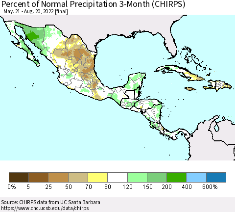 Mexico Central America and the Caribbean Percent of Normal Precipitation 3-Month (CHIRPS) Thematic Map For 5/21/2022 - 8/20/2022