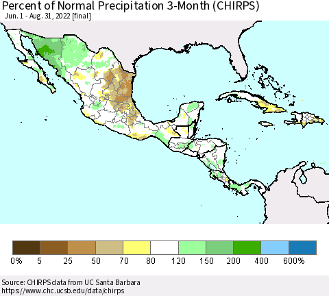 Mexico Central America and the Caribbean Percent of Normal Precipitation 3-Month (CHIRPS) Thematic Map For 6/1/2022 - 8/31/2022