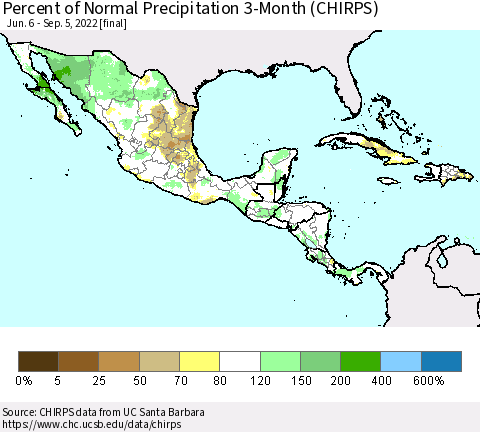 Mexico Central America and the Caribbean Percent of Normal Precipitation 3-Month (CHIRPS) Thematic Map For 6/6/2022 - 9/5/2022