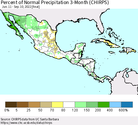 Mexico Central America and the Caribbean Percent of Normal Precipitation 3-Month (CHIRPS) Thematic Map For 6/11/2022 - 9/10/2022