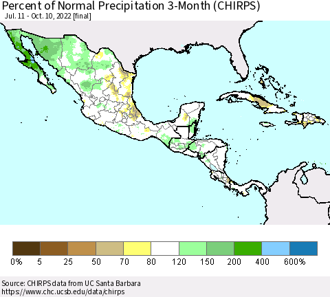 Mexico Central America and the Caribbean Percent of Normal Precipitation 3-Month (CHIRPS) Thematic Map For 7/11/2022 - 10/10/2022