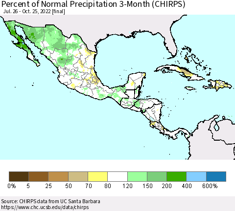 Mexico Central America and the Caribbean Percent of Normal Precipitation 3-Month (CHIRPS) Thematic Map For 7/26/2022 - 10/25/2022