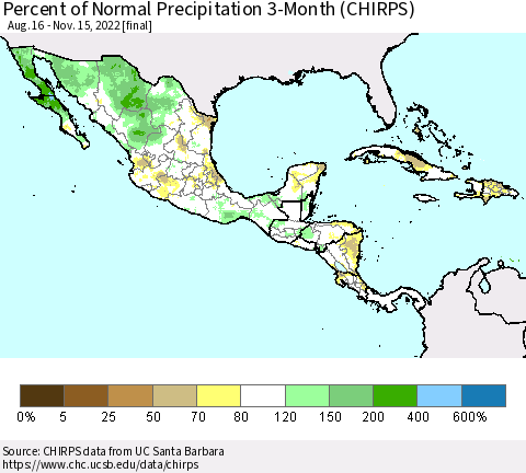 Mexico Central America and the Caribbean Percent of Normal Precipitation 3-Month (CHIRPS) Thematic Map For 8/16/2022 - 11/15/2022