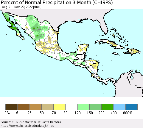 Mexico Central America and the Caribbean Percent of Normal Precipitation 3-Month (CHIRPS) Thematic Map For 8/21/2022 - 11/20/2022