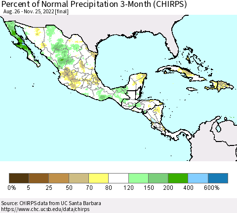 Mexico Central America and the Caribbean Percent of Normal Precipitation 3-Month (CHIRPS) Thematic Map For 8/26/2022 - 11/25/2022