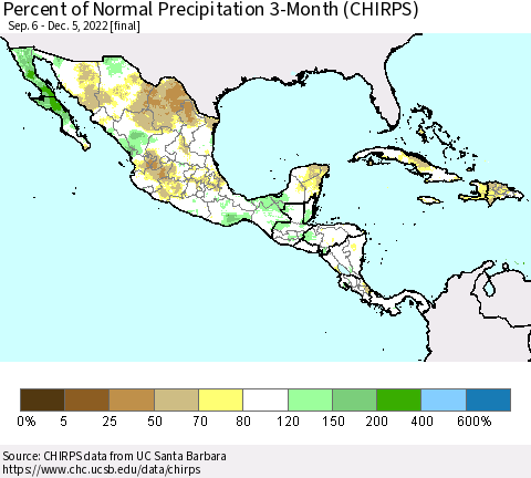 Mexico Central America and the Caribbean Percent of Normal Precipitation 3-Month (CHIRPS) Thematic Map For 9/6/2022 - 12/5/2022