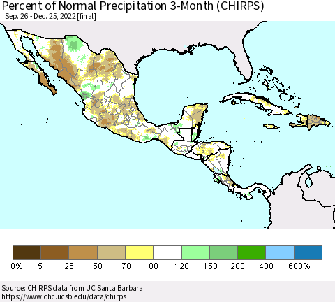 Mexico Central America and the Caribbean Percent of Normal Precipitation 3-Month (CHIRPS) Thematic Map For 9/26/2022 - 12/25/2022