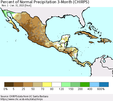 Mexico Central America and the Caribbean Percent of Normal Precipitation 3-Month (CHIRPS) Thematic Map For 11/1/2022 - 1/31/2023