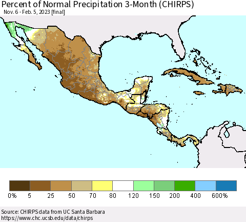Mexico Central America and the Caribbean Percent of Normal Precipitation 3-Month (CHIRPS) Thematic Map For 11/6/2022 - 2/5/2023