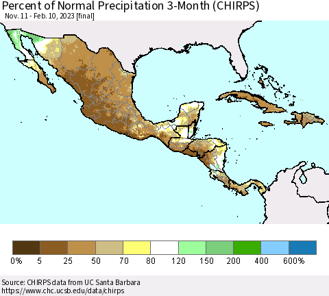 Mexico Central America and the Caribbean Percent of Normal Precipitation 3-Month (CHIRPS) Thematic Map For 11/11/2022 - 2/10/2023