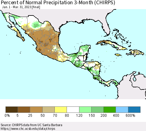 Mexico Central America and the Caribbean Percent of Normal Precipitation 3-Month (CHIRPS) Thematic Map For 1/1/2023 - 3/31/2023