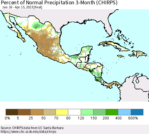 Mexico Central America and the Caribbean Percent of Normal Precipitation 3-Month (CHIRPS) Thematic Map For 1/16/2023 - 4/15/2023