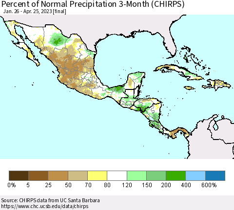 Mexico Central America and the Caribbean Percent of Normal Precipitation 3-Month (CHIRPS) Thematic Map For 1/26/2023 - 4/25/2023