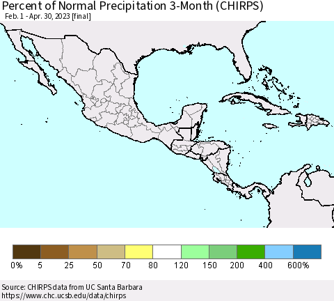 Mexico Central America and the Caribbean Percent of Normal Precipitation 3-Month (CHIRPS) Thematic Map For 2/1/2023 - 4/30/2023