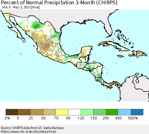 Mexico Central America and the Caribbean Percent of Normal Precipitation 3-Month (CHIRPS) Thematic Map For 2/6/2023 - 5/5/2023