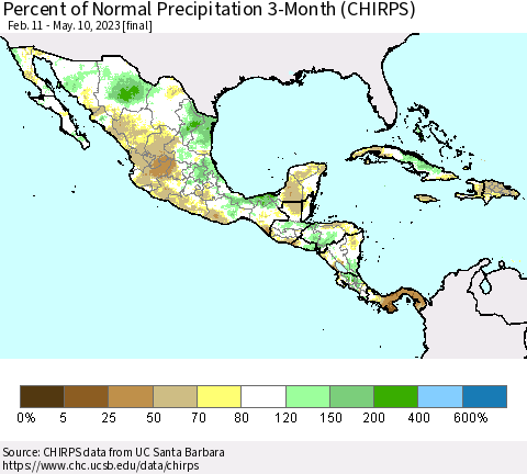 Mexico Central America and the Caribbean Percent of Normal Precipitation 3-Month (CHIRPS) Thematic Map For 2/11/2023 - 5/10/2023