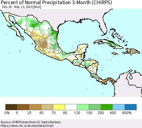 Mexico Central America and the Caribbean Percent of Normal Precipitation 3-Month (CHIRPS) Thematic Map For 2/16/2023 - 5/15/2023