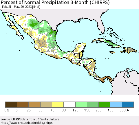 Mexico Central America and the Caribbean Percent of Normal Precipitation 3-Month (CHIRPS) Thematic Map For 2/21/2023 - 5/20/2023