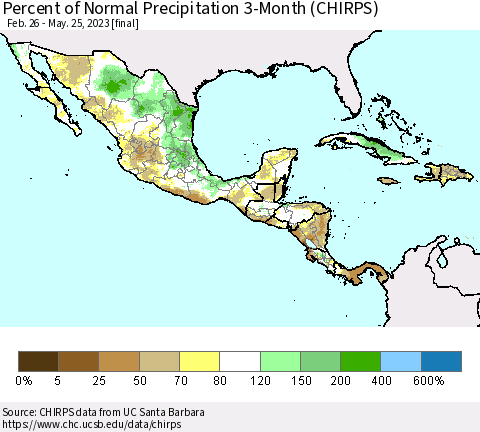 Mexico Central America and the Caribbean Percent of Normal Precipitation 3-Month (CHIRPS) Thematic Map For 2/26/2023 - 5/25/2023