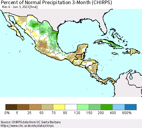 Mexico Central America and the Caribbean Percent of Normal Precipitation 3-Month (CHIRPS) Thematic Map For 3/6/2023 - 6/5/2023