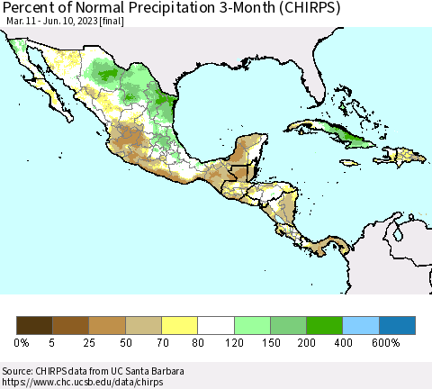 Mexico Central America and the Caribbean Percent of Normal Precipitation 3-Month (CHIRPS) Thematic Map For 3/11/2023 - 6/10/2023