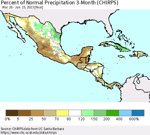 Mexico Central America and the Caribbean Percent of Normal Precipitation 3-Month (CHIRPS) Thematic Map For 3/26/2023 - 6/25/2023