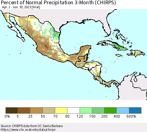 Mexico Central America and the Caribbean Percent of Normal Precipitation 3-Month (CHIRPS) Thematic Map For 4/1/2023 - 6/30/2023