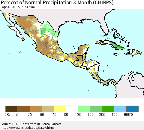 Mexico Central America and the Caribbean Percent of Normal Precipitation 3-Month (CHIRPS) Thematic Map For 4/6/2023 - 7/5/2023