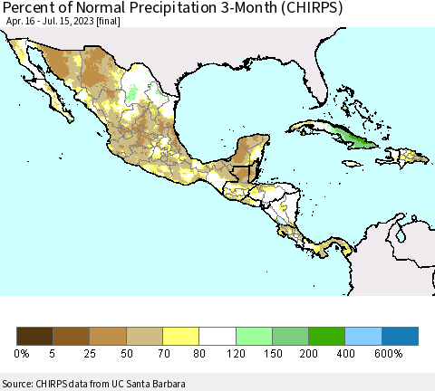 Mexico Central America and the Caribbean Percent of Normal Precipitation 3-Month (CHIRPS) Thematic Map For 4/16/2023 - 7/15/2023