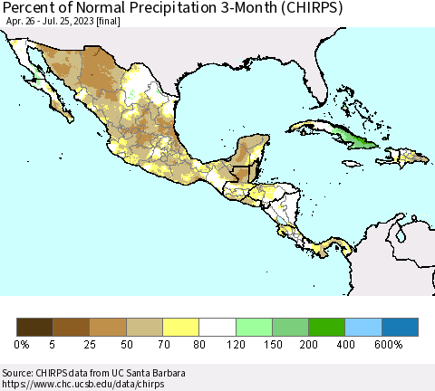 Mexico Central America and the Caribbean Percent of Normal Precipitation 3-Month (CHIRPS) Thematic Map For 4/26/2023 - 7/25/2023