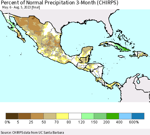 Mexico Central America and the Caribbean Percent of Normal Precipitation 3-Month (CHIRPS) Thematic Map For 5/6/2023 - 8/5/2023