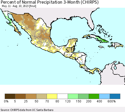 Mexico Central America and the Caribbean Percent of Normal Precipitation 3-Month (CHIRPS) Thematic Map For 5/11/2023 - 8/10/2023