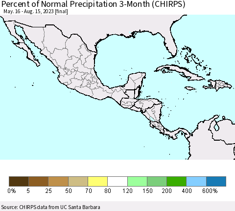 Mexico Central America and the Caribbean Percent of Normal Precipitation 3-Month (CHIRPS) Thematic Map For 5/16/2023 - 8/15/2023