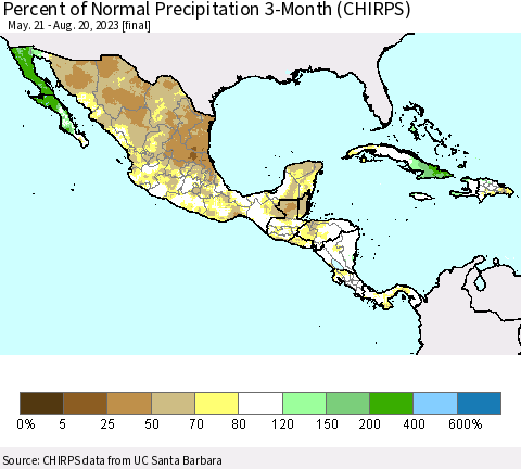 Mexico Central America and the Caribbean Percent of Normal Precipitation 3-Month (CHIRPS) Thematic Map For 5/21/2023 - 8/20/2023