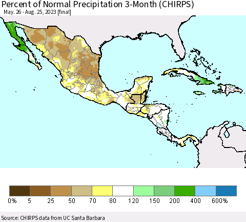 Mexico Central America and the Caribbean Percent of Normal Precipitation 3-Month (CHIRPS) Thematic Map For 5/26/2023 - 8/25/2023