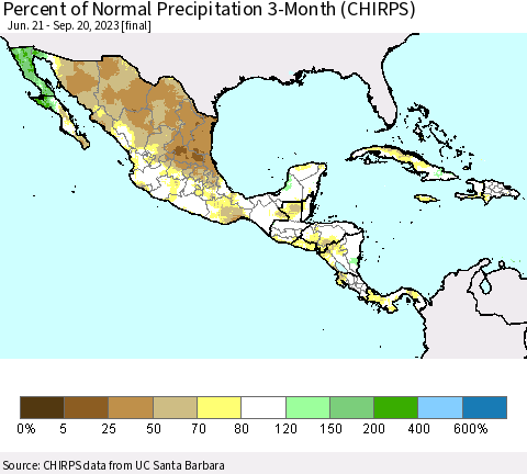 Mexico Central America and the Caribbean Percent of Normal Precipitation 3-Month (CHIRPS) Thematic Map For 6/21/2023 - 9/20/2023
