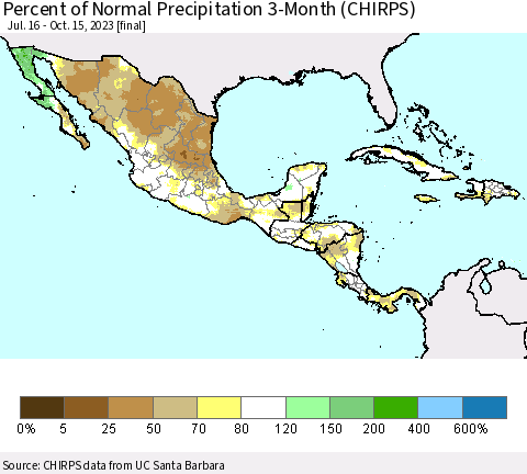 Mexico Central America and the Caribbean Percent of Normal Precipitation 3-Month (CHIRPS) Thematic Map For 7/16/2023 - 10/15/2023