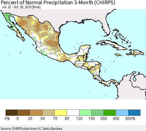 Mexico Central America and the Caribbean Percent of Normal Precipitation 3-Month (CHIRPS) Thematic Map For 7/21/2023 - 10/20/2023
