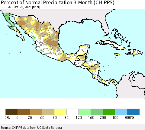 Mexico Central America and the Caribbean Percent of Normal Precipitation 3-Month (CHIRPS) Thematic Map For 7/26/2023 - 10/25/2023